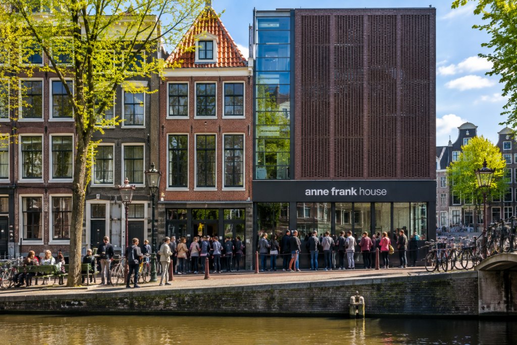 The Anne Frank House museum along the Prinsengracht canal in Amsterdam, Netherlands
