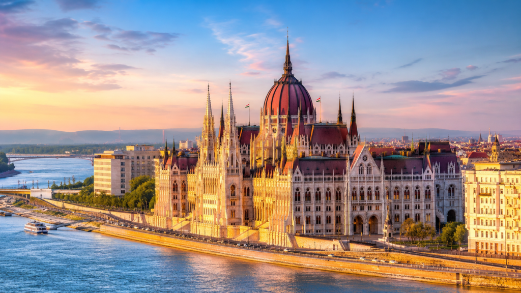 Hungarian Parliament Building along the Danube River in Budapest, Hungary