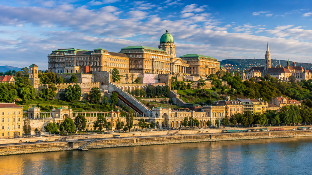 Historic Buda Castle overlooking the Danube River in Budapest, Hungary