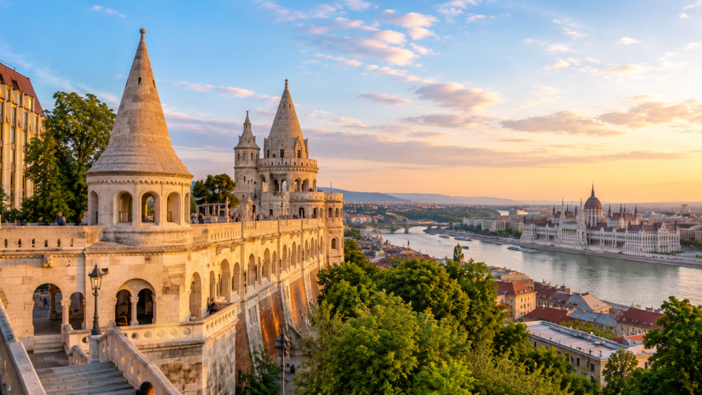 Fisherman's Bastion overlooking the Danube River and Hungarian Parliament in Budapest, Hungary