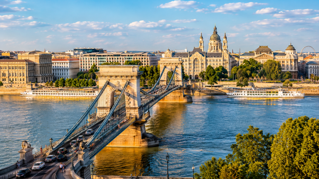 Széchenyi Chain Bridge crossing the Danube River in Budapest, Hungary