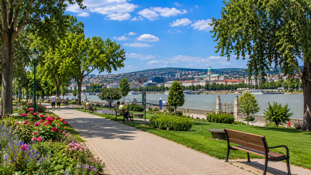 Scenic walking paths and gardens on Margaret Island in Budapest, Hungary