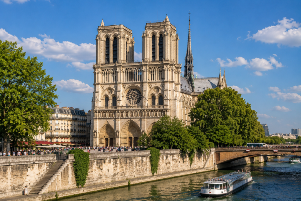 Notre-Dame Cathedral with its magnificent Gothic architecture beside the Seine River in Paris, France