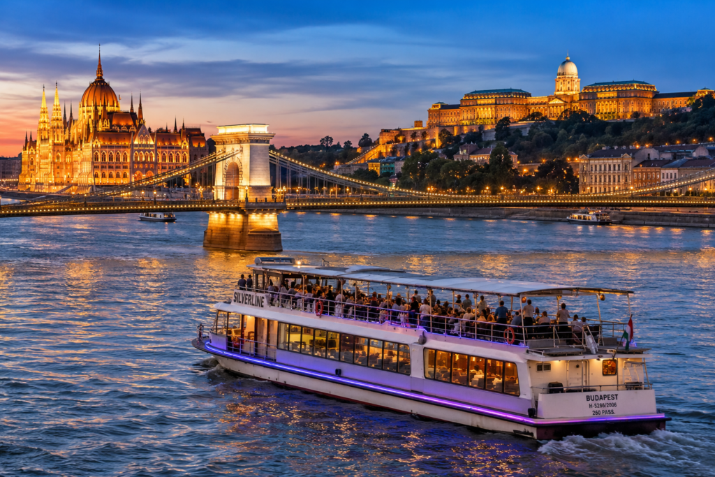 Danube River cruise passing the Hungarian Parliament and Chain Bridge in Budapest, Hungary