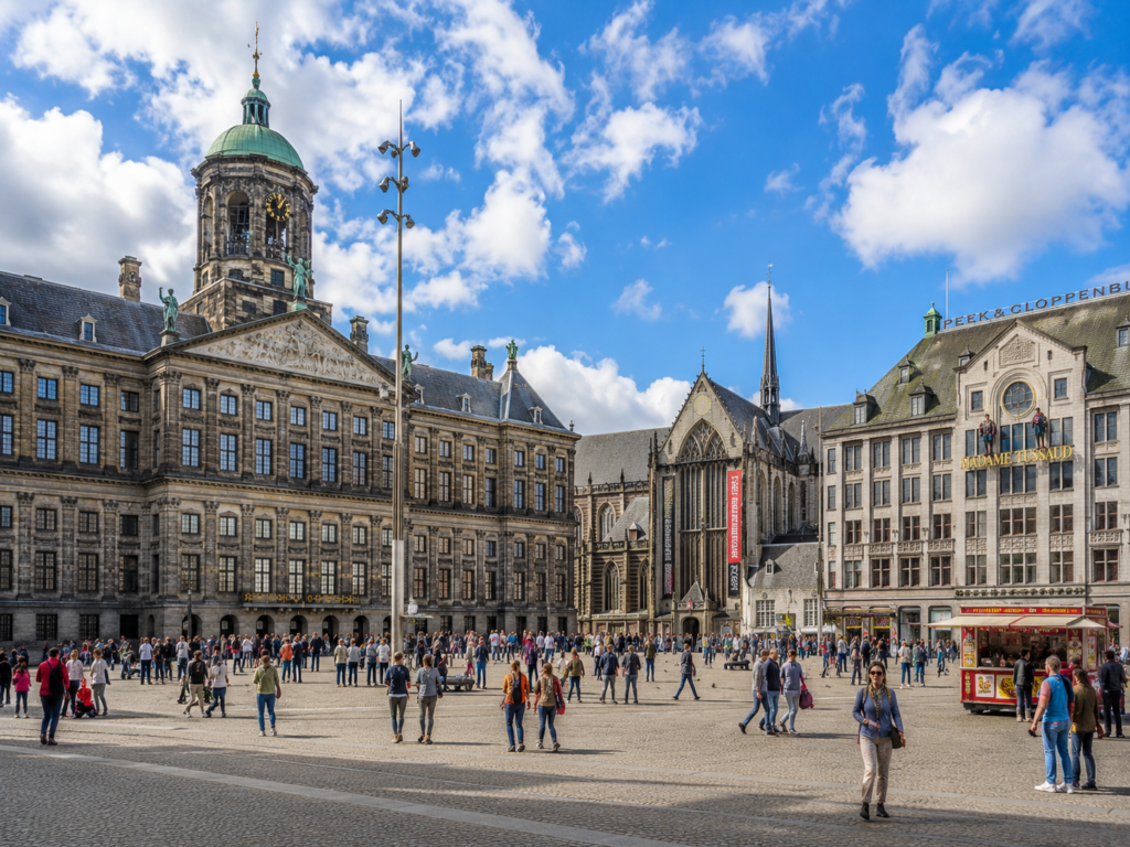 Dam Square in Amsterdam featuring the Royal Palace, Nieuwe Kerk, and lively crowds