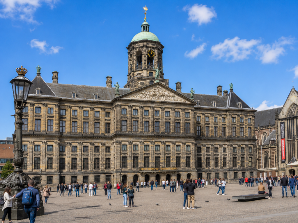 The Royal Palace Amsterdam overlooking Dam Square in the historic city center