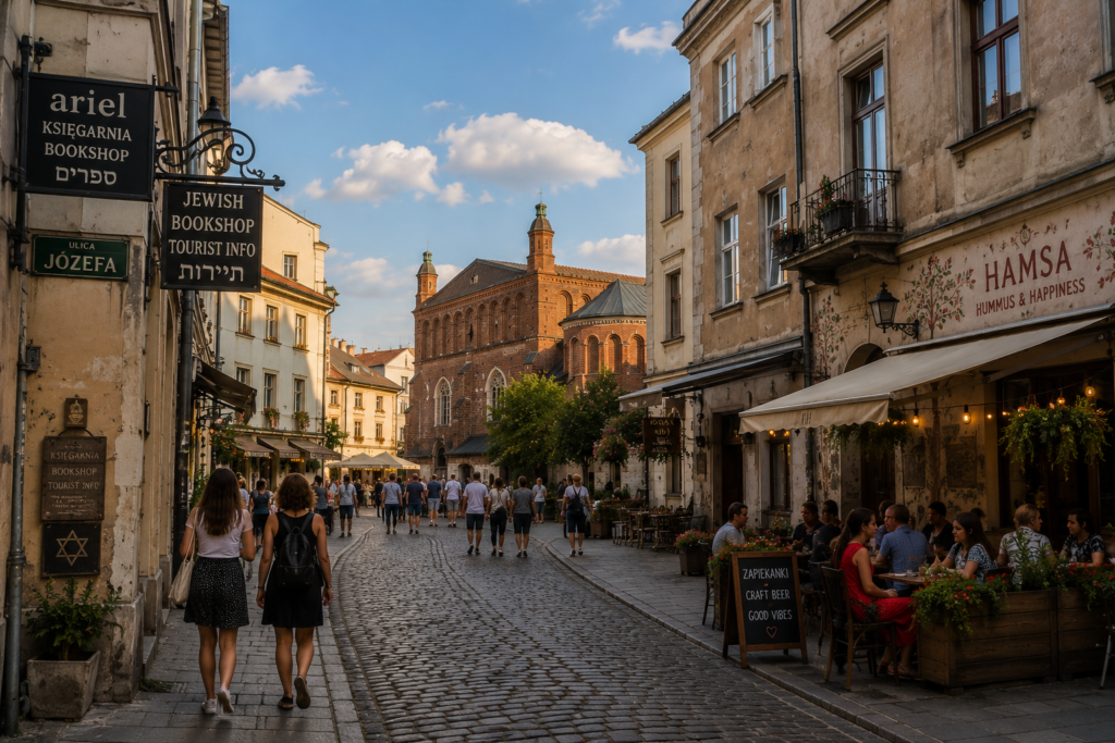 Charming cobblestone street in the historic Kazimierz District of Kraków