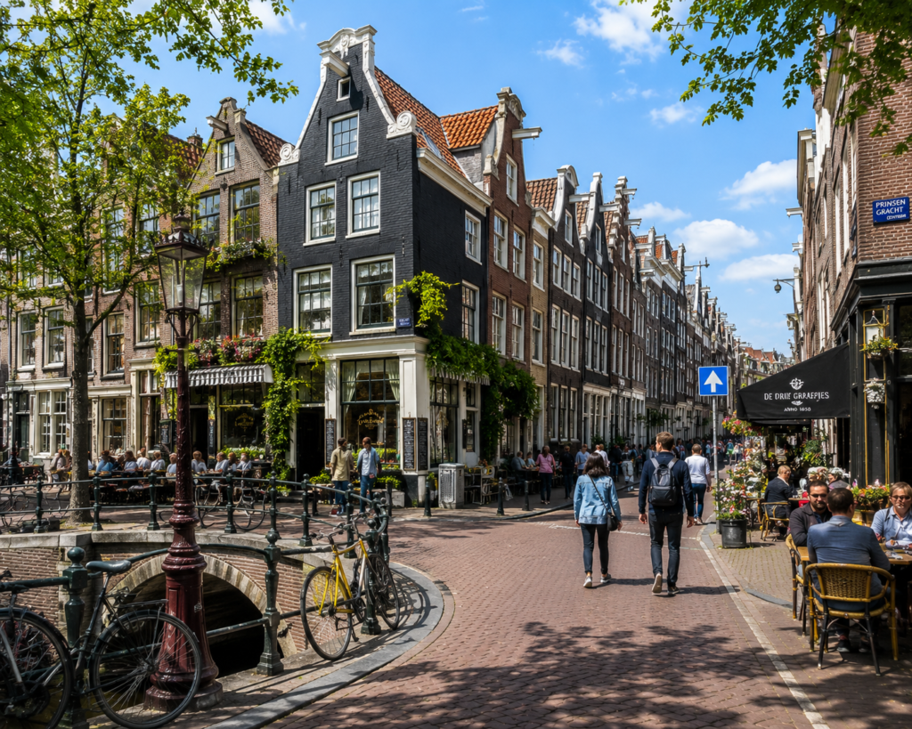 Historic canal street in Amsterdam's Jordaan District with cafés, bicycles, and Dutch houses