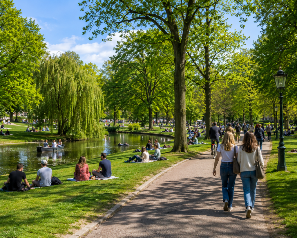People relaxing beside the lake in Vondelpark, Amsterdam's most famous public park