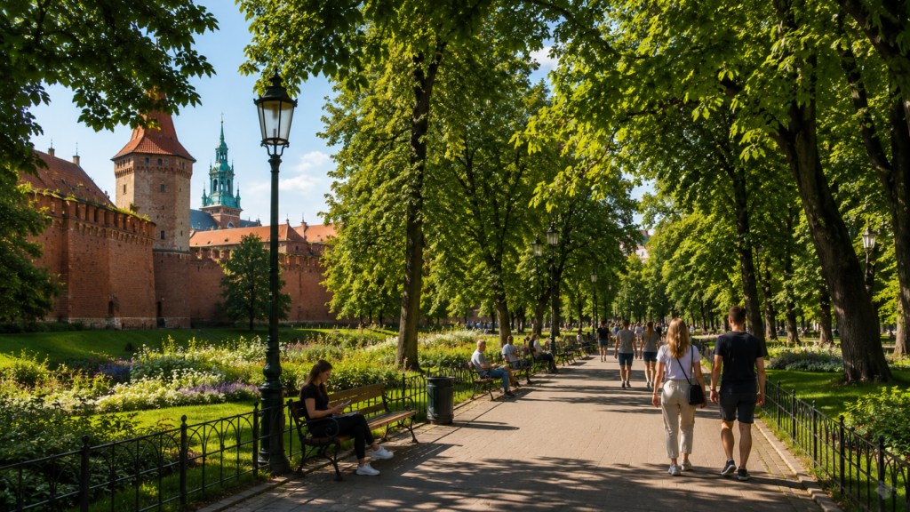 Tree-lined walking path in Planty Park surrounding Kraków Old Town