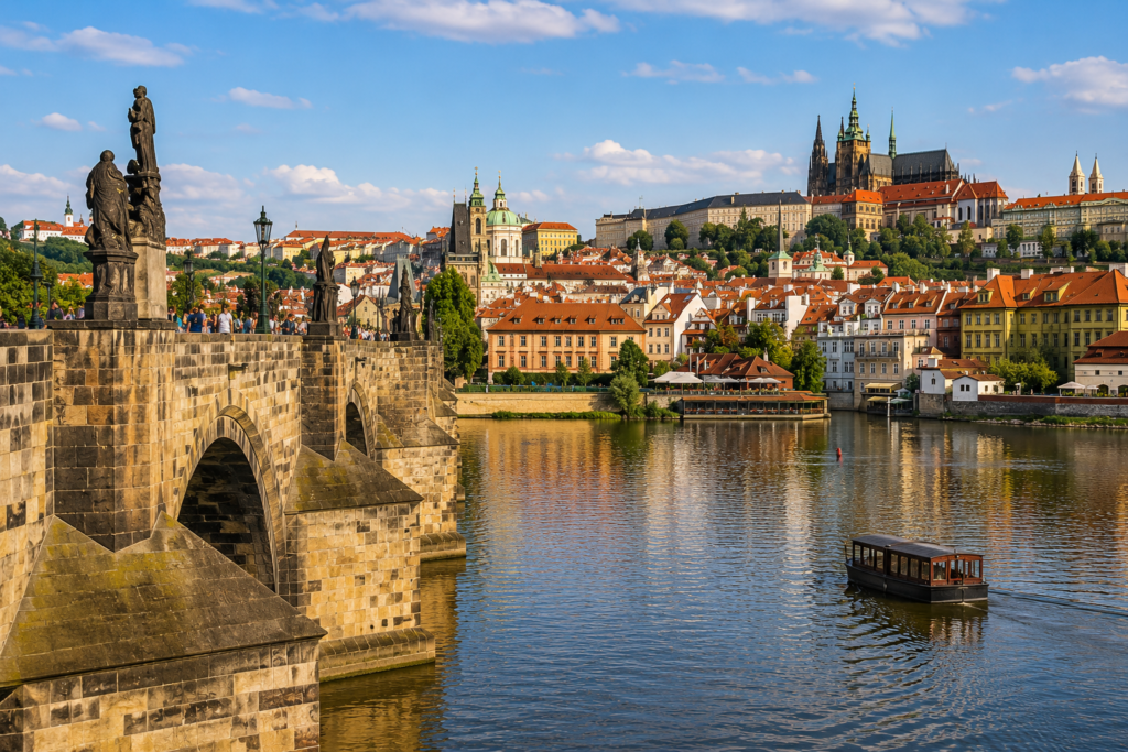 Charles Bridge in Prague crossing the Vltava River at sunrise