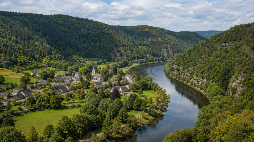 Forested hills and scenic river valley in the Belgian Ardennes
