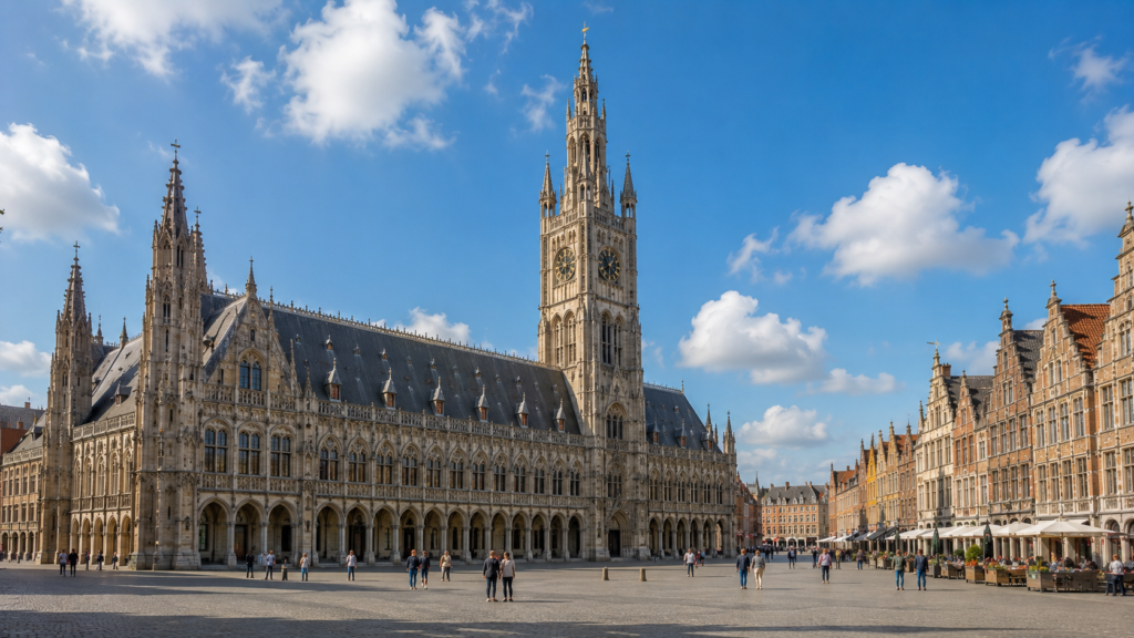 Historic Cloth Hall and Grote Markt in Ypres, Belgium