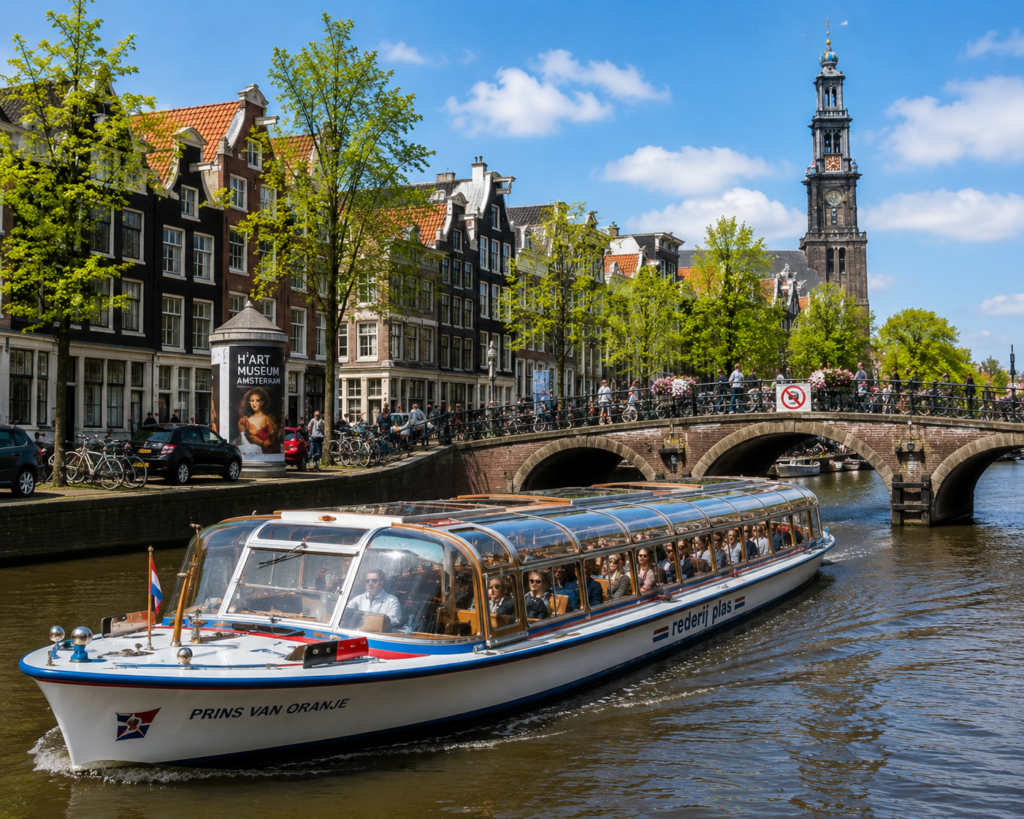 Tourist canal cruise boat passing through Amsterdam's historic canal district