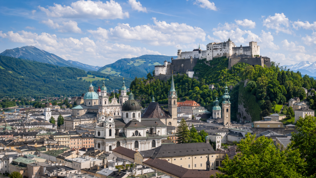 Salzburg Old Town and Hohensalzburg Fortress surrounded by the Austrian Alps