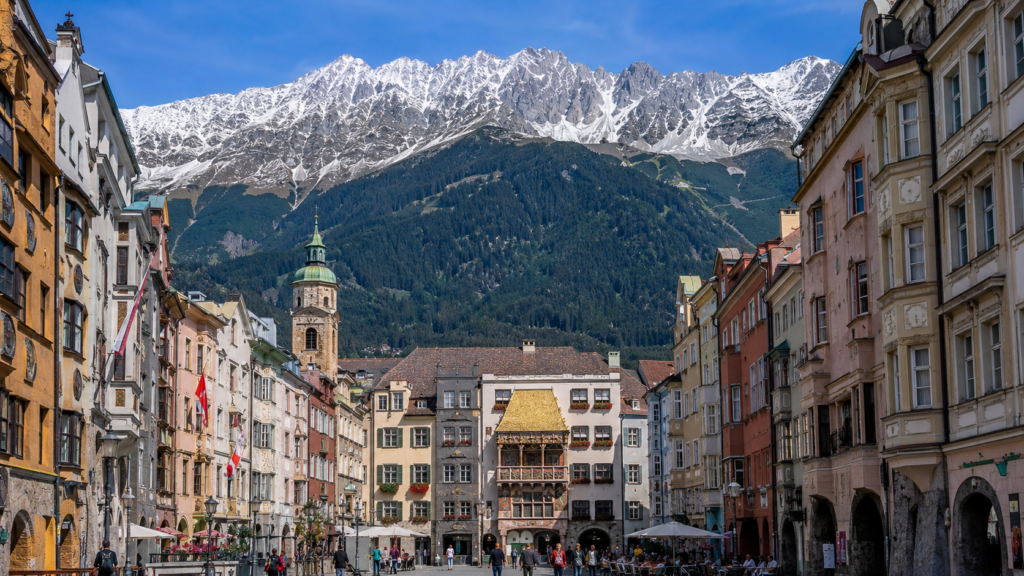 Historic Innsbruck Old Town beneath the Nordkette mountains in Austria