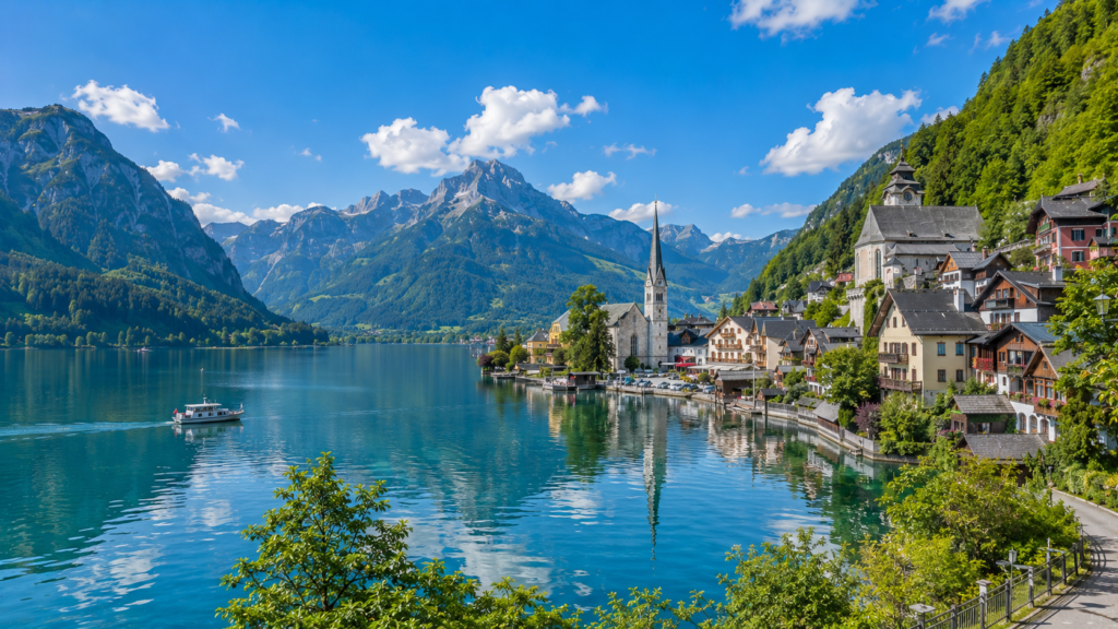 Alpine lake and traditional village in the Salzkammergut region of Austria