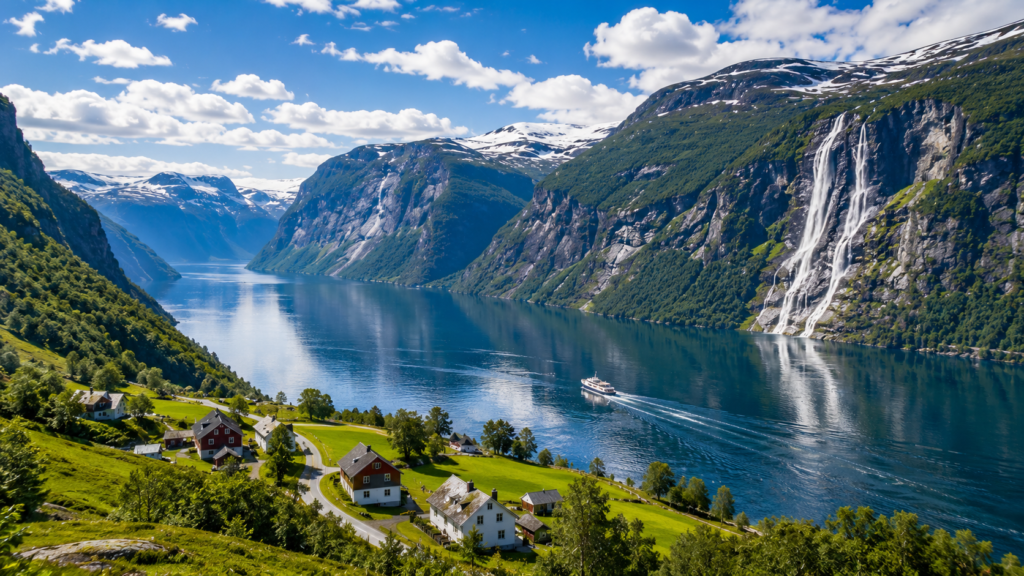 Scenic Sognefjord surrounded by waterfalls, mountains, and traditional Norwegian countryside