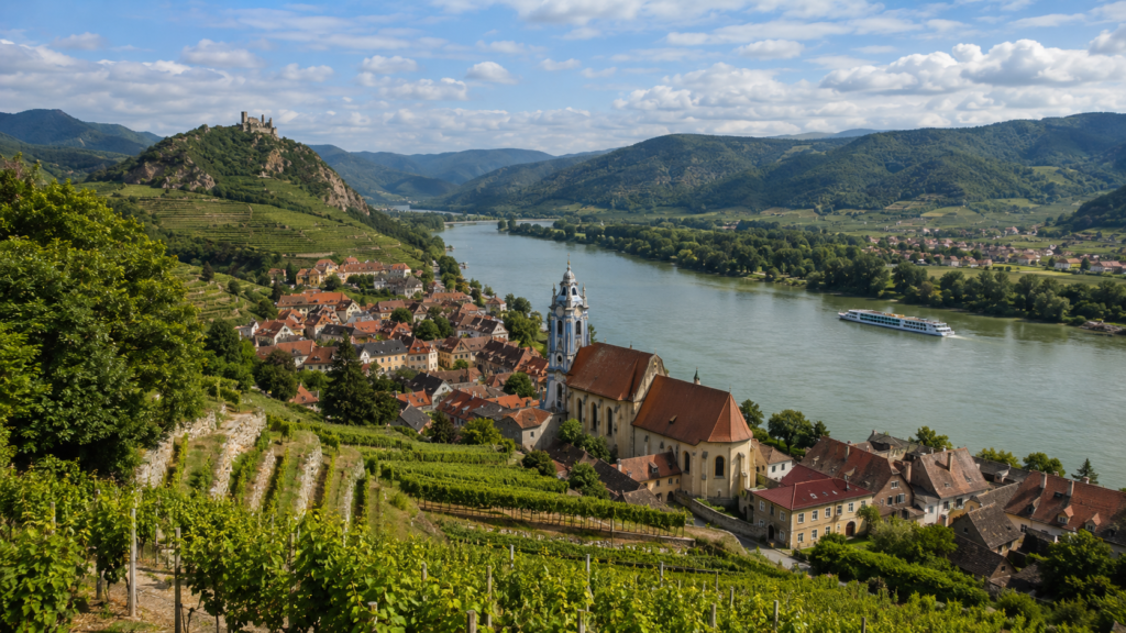 Danube River and vineyard-covered hills in the Wachau Valley, Austria