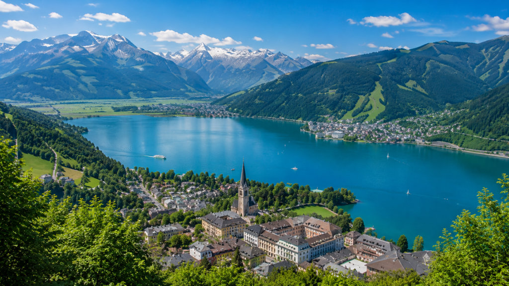 Zell am See beside a crystal-clear Alpine lake surrounded by Austrian mountains