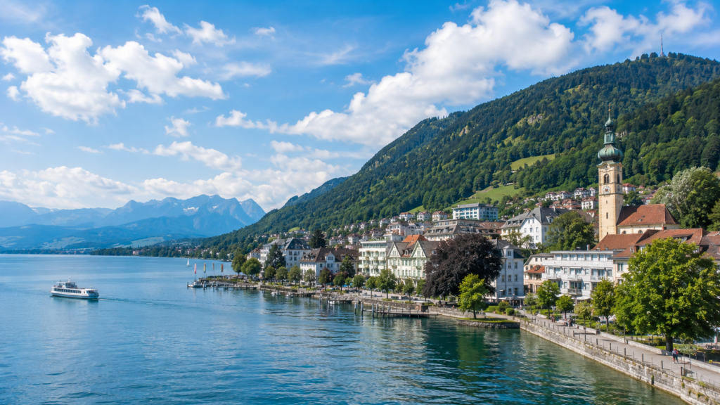 Bregenz and Lake Constance surrounded by Alpine scenery in Austria