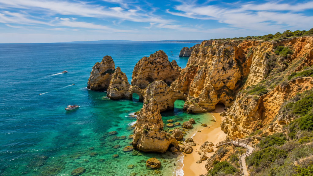 Golden cliffs and turquoise Atlantic water at Ponta da Piedade in the Algarve
