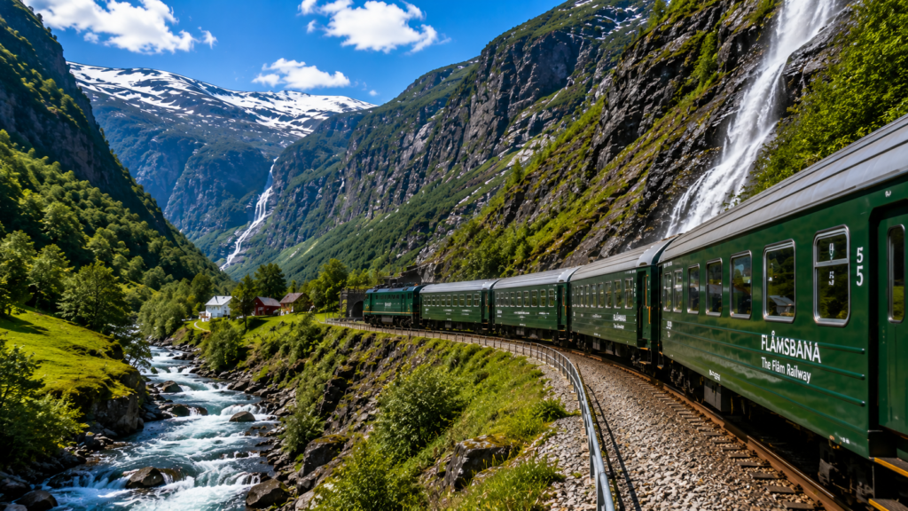 The Flåm Railway (Flåmsbana) passing through waterfalls and mountain landscapes in Norway