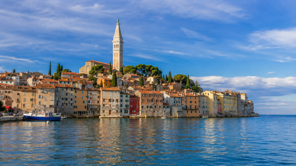 Colorful Rovinj Old Town and Church of Saint Euphemia beside the Adriatic Sea