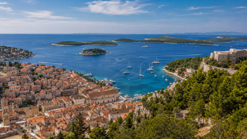 Historic Hvar Town and Pakleni Islands along the Adriatic coast of Croatia