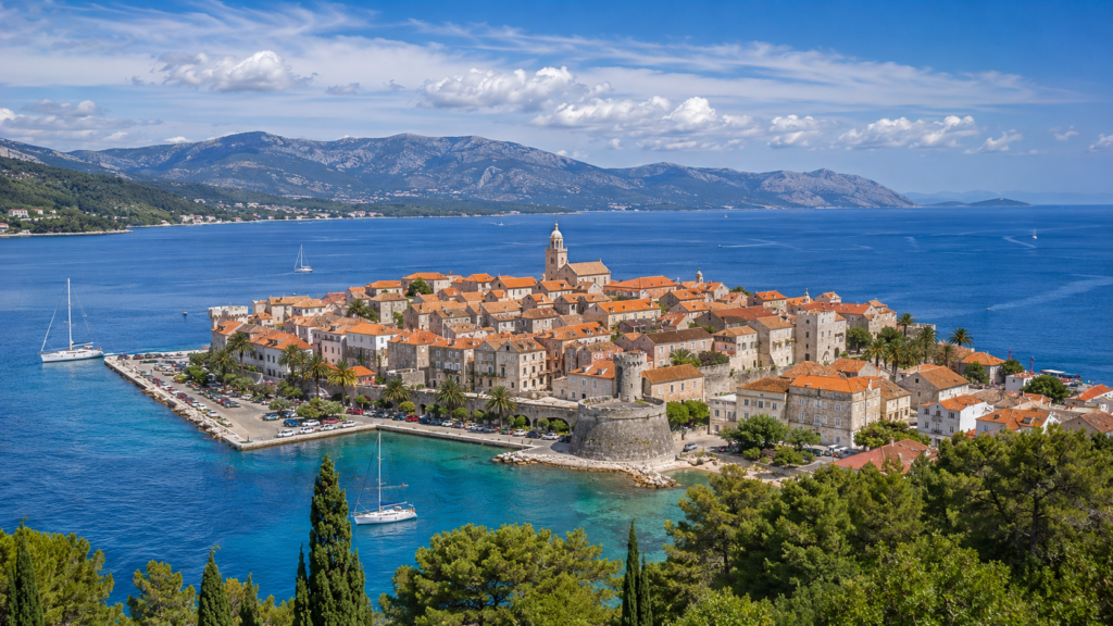 Medieval Korčula Town surrounded by the Adriatic Sea in Croatia