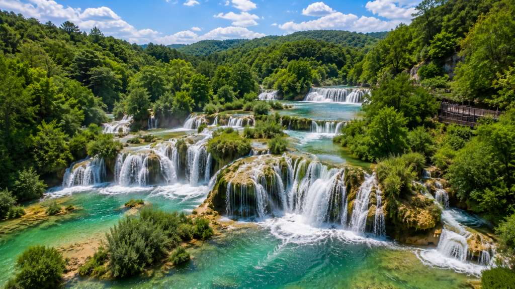 Skradinski Buk waterfalls surrounded by lush scenery in Krka National Park, Croatia