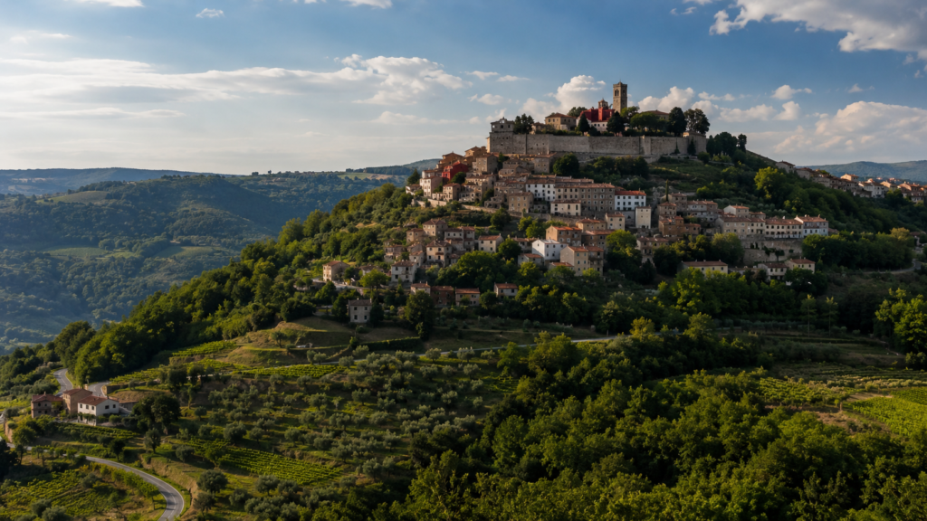 Medieval Motovun overlooking vineyards and green countryside in Istria, Croatia