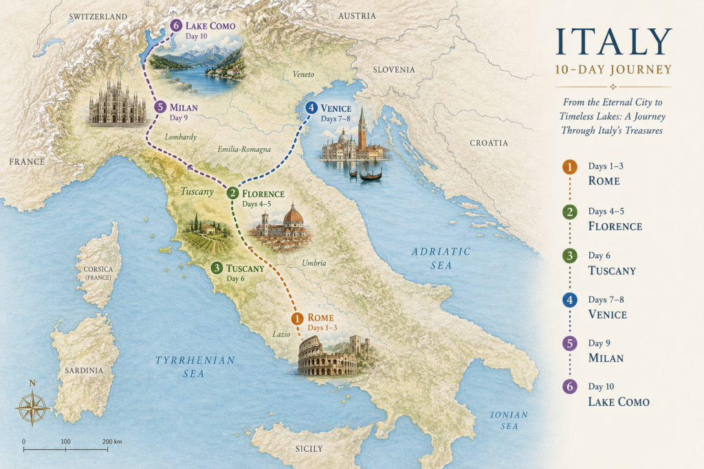 10-day Italy itinerary route from Rome to Florence, Tuscany, Venice, Milan, and Lake Como