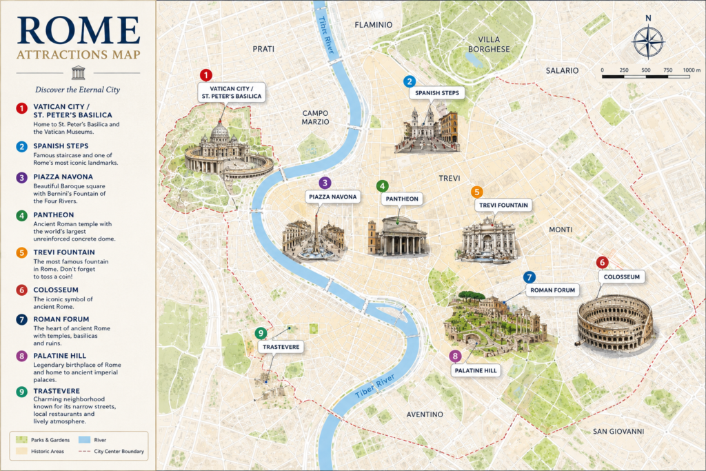 Map of major attractions in Rome including the Colosseum, Vatican City, Pantheon, and Trevi Fountain