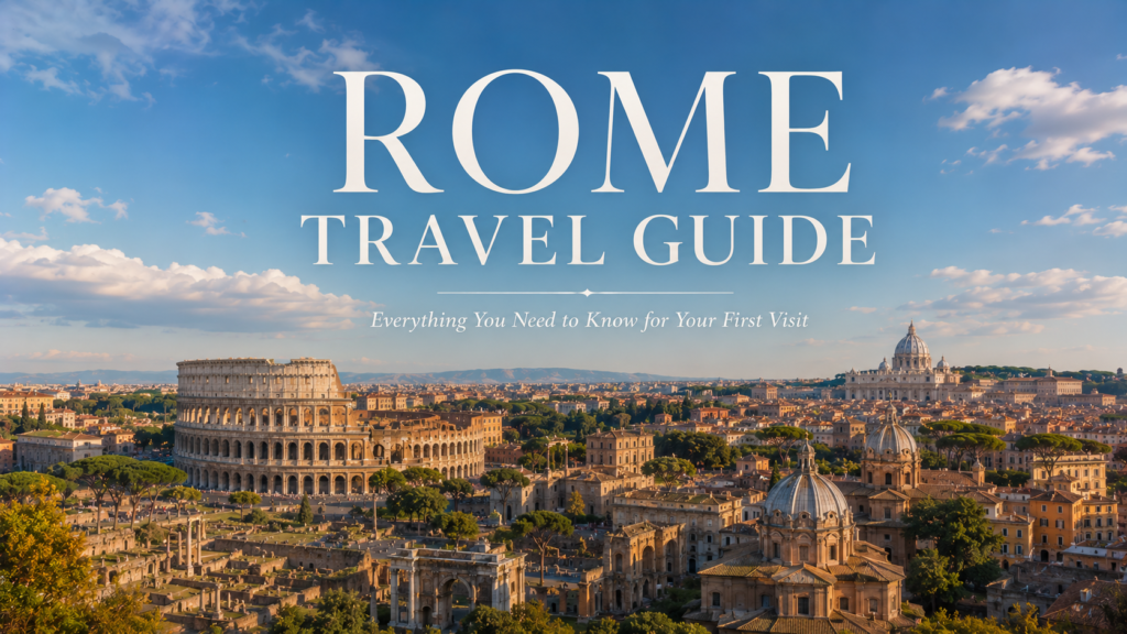 Panoramic view of historic Rome with the Colosseum and city skyline