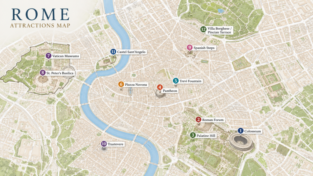 Map showing major attractions and things to do in Rome, Italy
