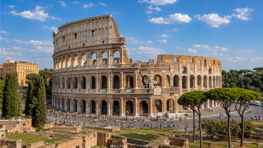 Colosseum surrounded by ancient ruins and Mediterranean pine trees in Rome, Italy