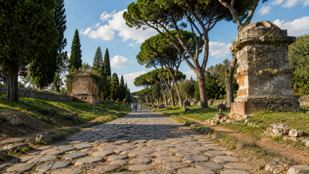 Ancient stone paving and Mediterranean pine trees along the Appian Way in Rome