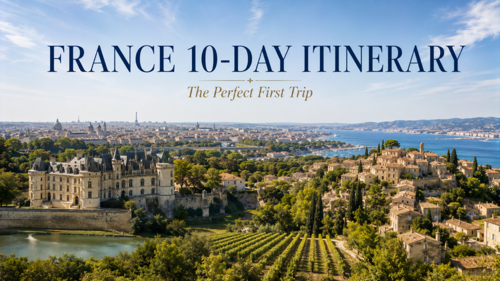 Panoramic travel view representing Paris, the Loire Valley, Bordeaux, Provence, and the French Riviera in France