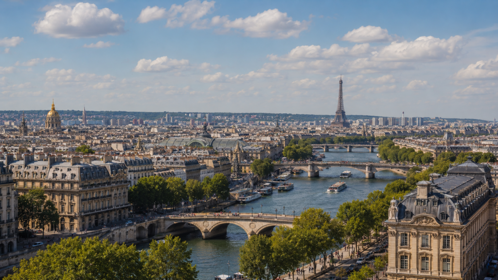 Paris skyline with the Eiffel Tower, Seine River, and historic architecture in France