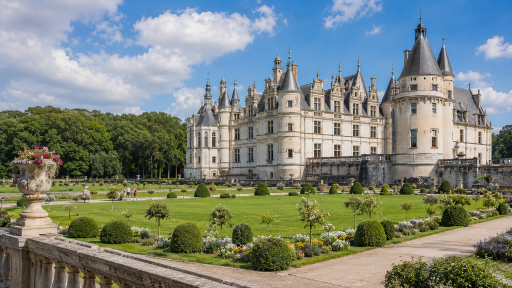 Historic château surrounded by formal gardens in the Loire Valley, France
