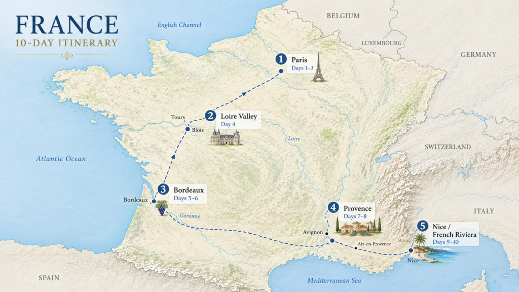 France 10-day itinerary map from Paris to the Loire Valley, Bordeaux, Provence, and Nice