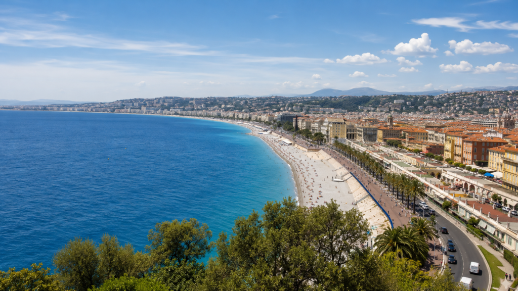 Nice and the French Riviera coastline along the Promenade des Anglais in France