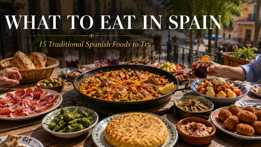 Traditional Spanish food table with paella, tortilla, jamón, croquetas and patatas bravas