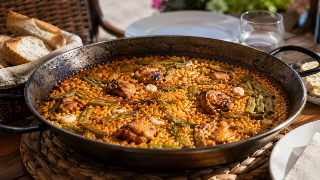 Traditional Valencian paella served in a wide shallow pan in Valencia, Spain