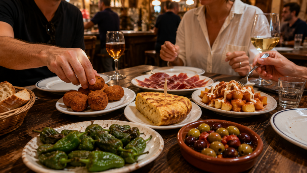 Traditional Spanish tapas including tortilla, croquetas, patatas bravas and jamón ibérico