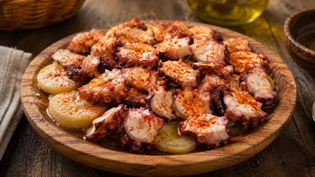 Traditional pulpo a la gallega with octopus, paprika and olive oil in Galicia, Spain