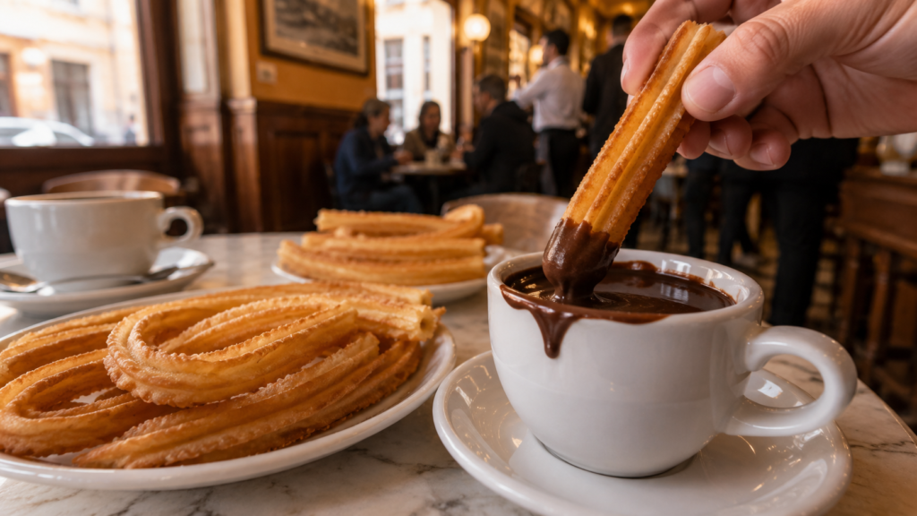 Traditional Spanish churros served with thick hot chocolate in Madrid