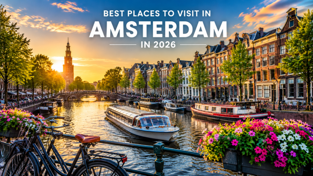 Best places to visit in Amsterdam in 2026 with historic canal houses, boats and bicycles at sunset