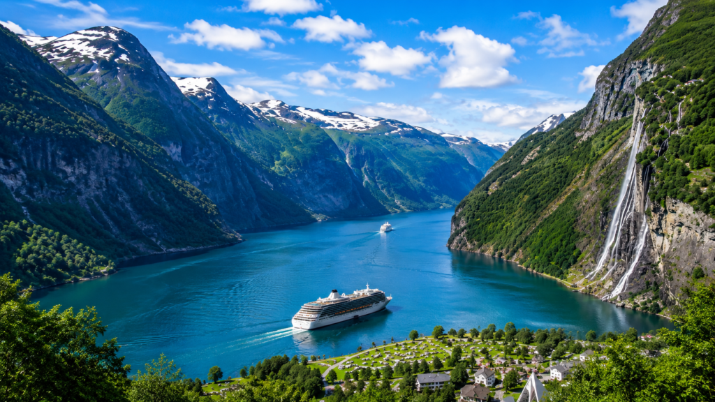 Panoramic view of Geirangerfjord with waterfalls, cruise ships, and snow-capped mountains in Norway